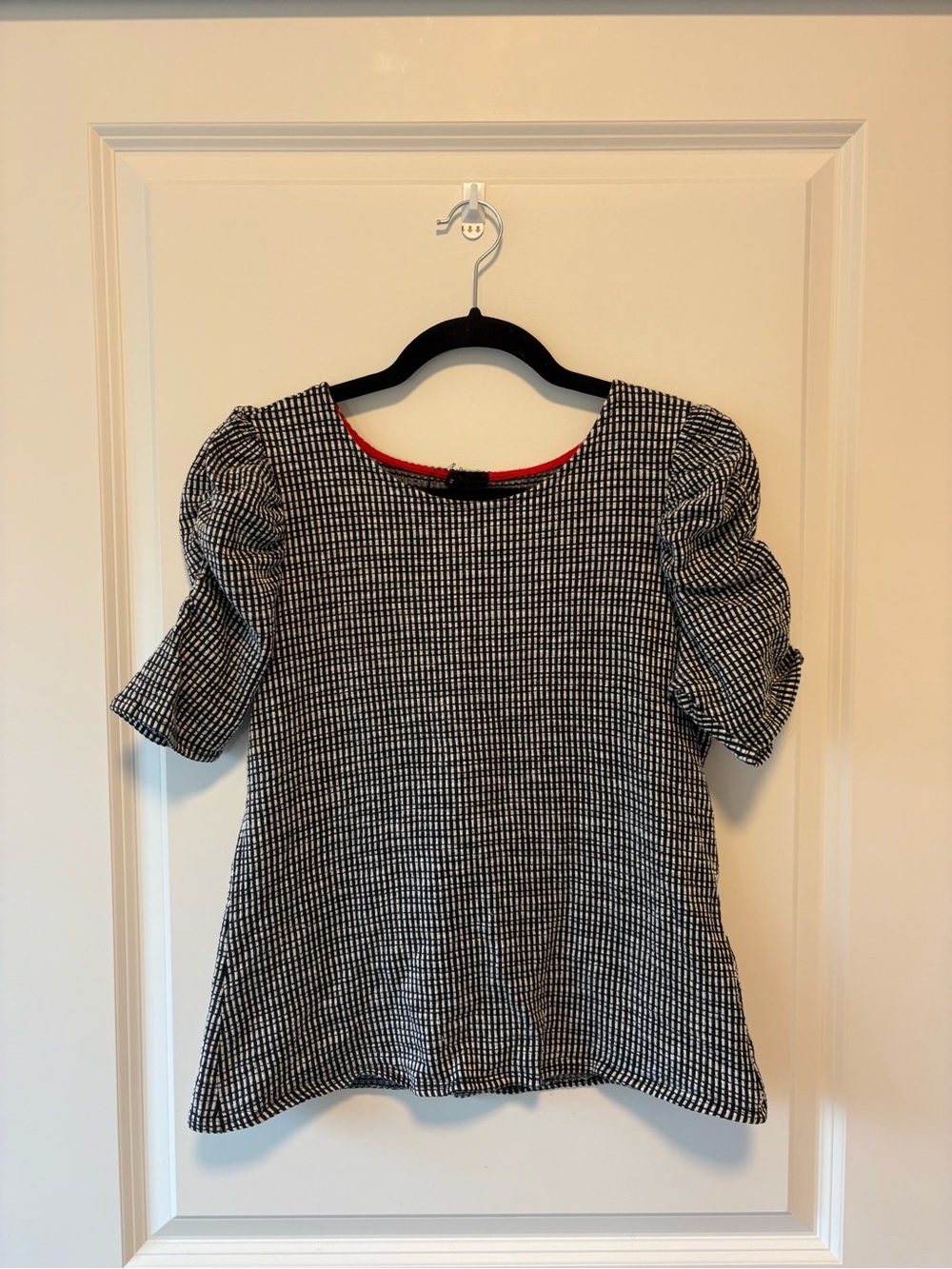 W5 Black & White Check Puff-Sleeve Blouse with Red Trim